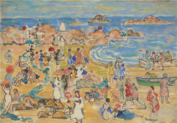 莫里斯·普伦德加斯特（Maurice Prendergast，美国画家）高清作品-《沿新英格兰海岸观看（约 1920-23 年）》