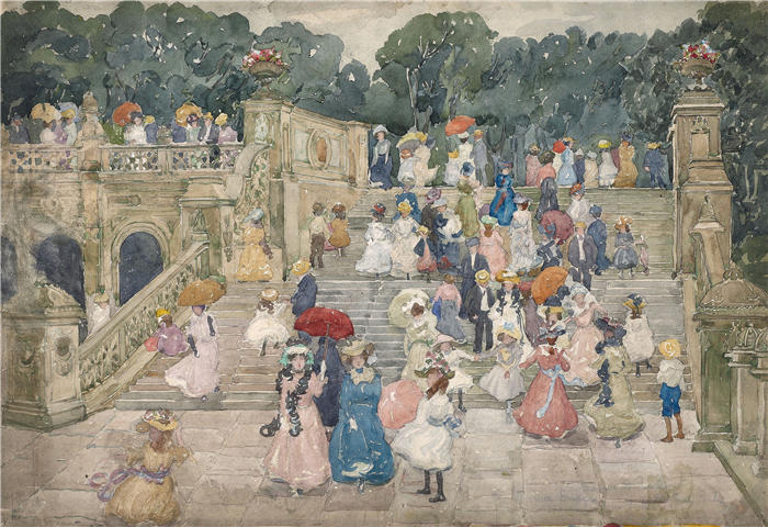 莫里斯·普伦德加斯特(Maurice Prendergast,美国画家)高清作品-《中央公园的露台桥(1901)》