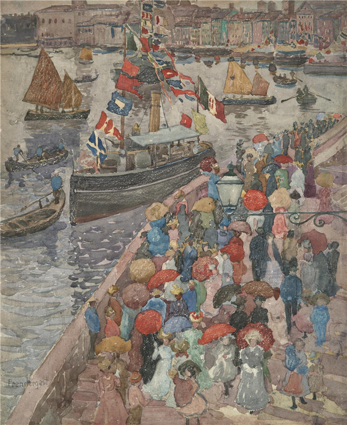 莫里斯·普伦德加斯特(Maurice Prendergast,美国画家)高清作品-《Quai,威尼斯(约 1899 年)》