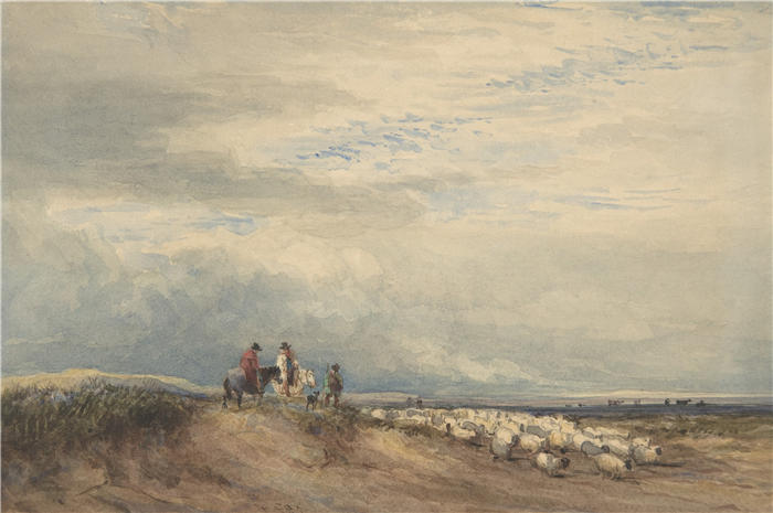 大卫·考克斯（David Cox，英国画家）高清作品-《河口附近的羊骑手（1830 年）》