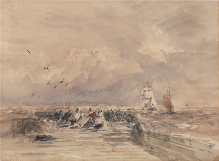 大卫·考克斯（David Cox，英国画家）高清作品-《迪耶普码头，微风（约 1832 年）》