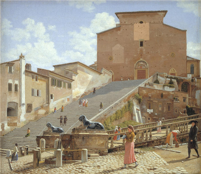 克里斯托弗·威廉·埃克斯伯格（Christoffer Wilhelm Eckersberg，丹麦画家）高清作品-通往罗马阿拉科利圣玛丽亚教堂的大理石台阶（1814 – 1816 年）
