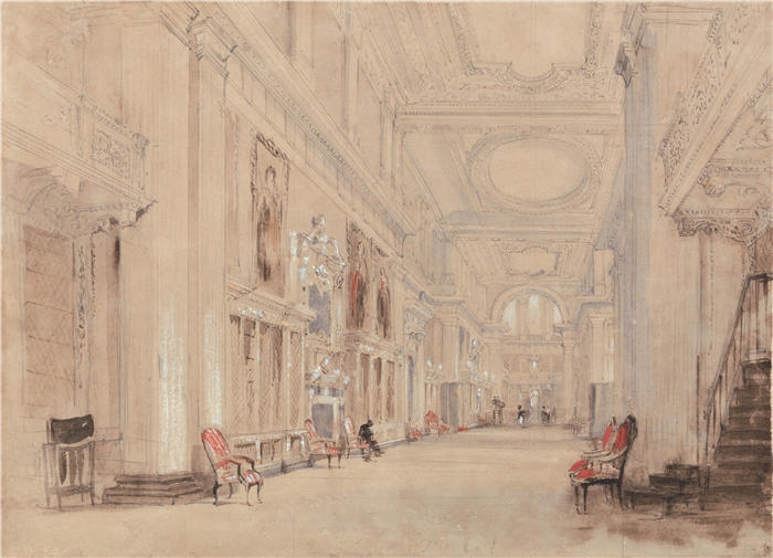 大卫·考克斯（David Cox，英国画家）高清作品-《布伦海姆宫的长图书馆（19 世纪中叶）》