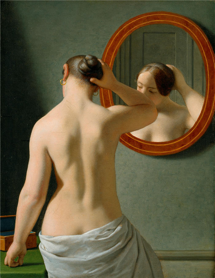 克里斯托弗·威廉·埃克斯伯格（Christoffer Wilhelm Eckersberg，丹麦画家）高清作品-一个在镜子前做头发的裸体女人（1841 年）