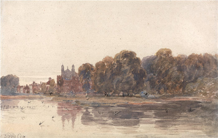 大卫·考克斯（David Cox，英国画家）高清作品-《泰晤士河的伊顿公学（19世纪初）》