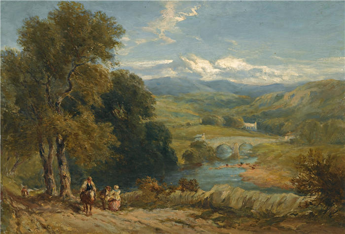 大卫·考克斯（David Cox，英国画家）高清作品-《远眺博尔顿修道院、约克郡和河码头的风景（1848 年）》