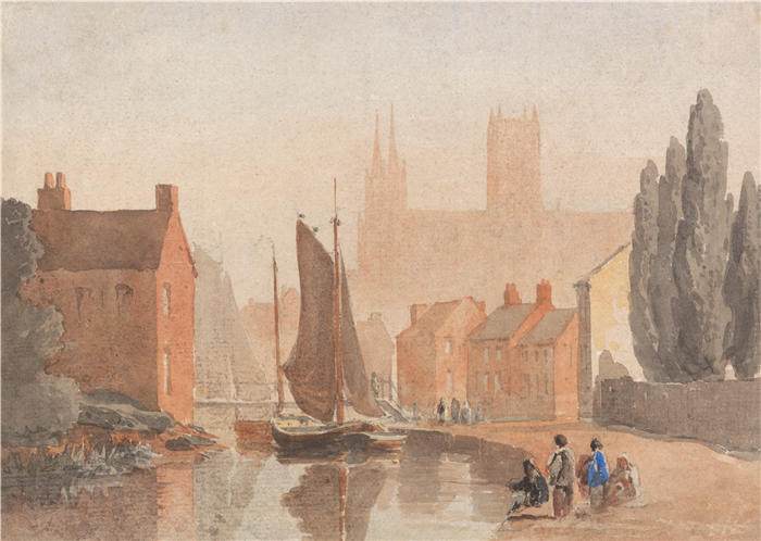 大卫·考克斯（David Cox，英国画家）高清作品-《布雷福德池的林肯大教堂（约 1808 年）》