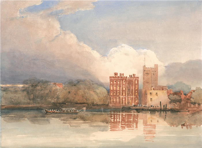 大卫·考克斯（David Cox，英国画家）高清作品-《泰晤士河上的兰贝斯宫景观（1820 年代）》