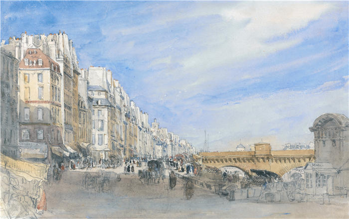 大卫·考克斯（David Cox，英国画家）高清作品-《巴黎 Quai de l'Ecole 的新桥（1829 年）》