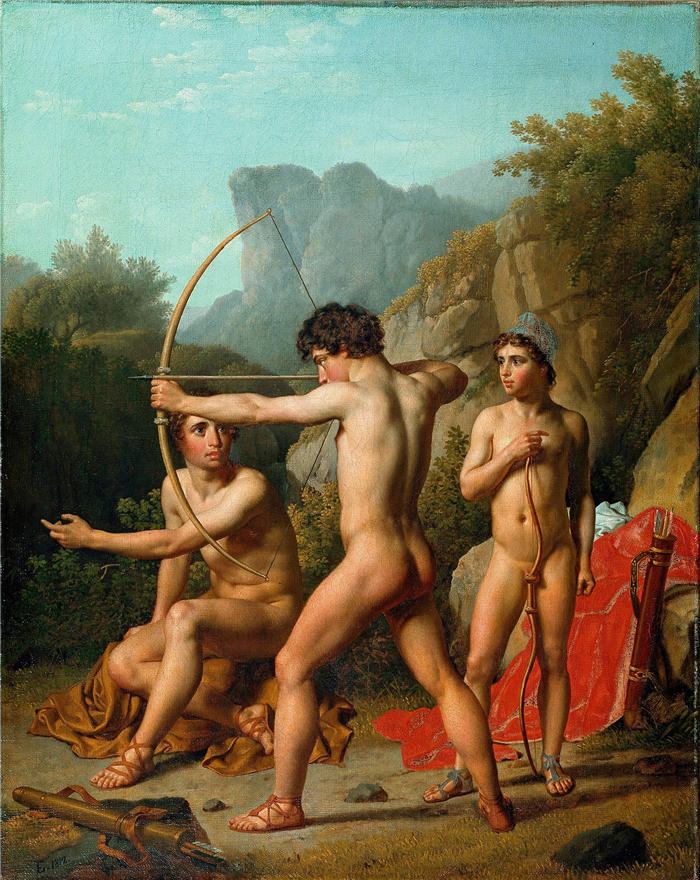 克里斯托弗·威廉·埃克斯伯格（Christoffer Wilhelm Eckersberg，丹麦画家）高清作品-三个斯巴达男孩练习射箭（1812 年）