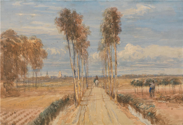 大卫·考克斯（David Cox，英国画家）高清作品-《白杨大道，霍贝玛之后（约 1835 年）》