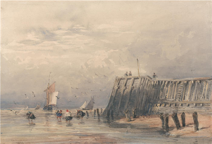 大卫·考克斯（David Cox，英国画家）高清作品-《驶离码头的驳船和虾船（1832 年）》