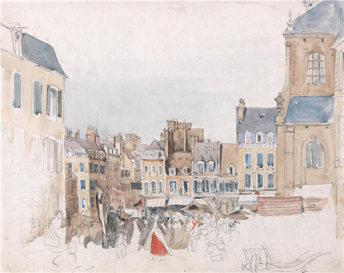 大卫·考克斯（David Cox，英国画家）高清作品-《法国市场 (1829)》