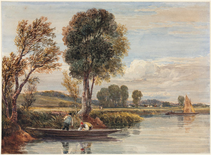 大卫·考克斯(David Cox,英国画家)高清作品-《在泰晤士河上(c. 1827-1829)》