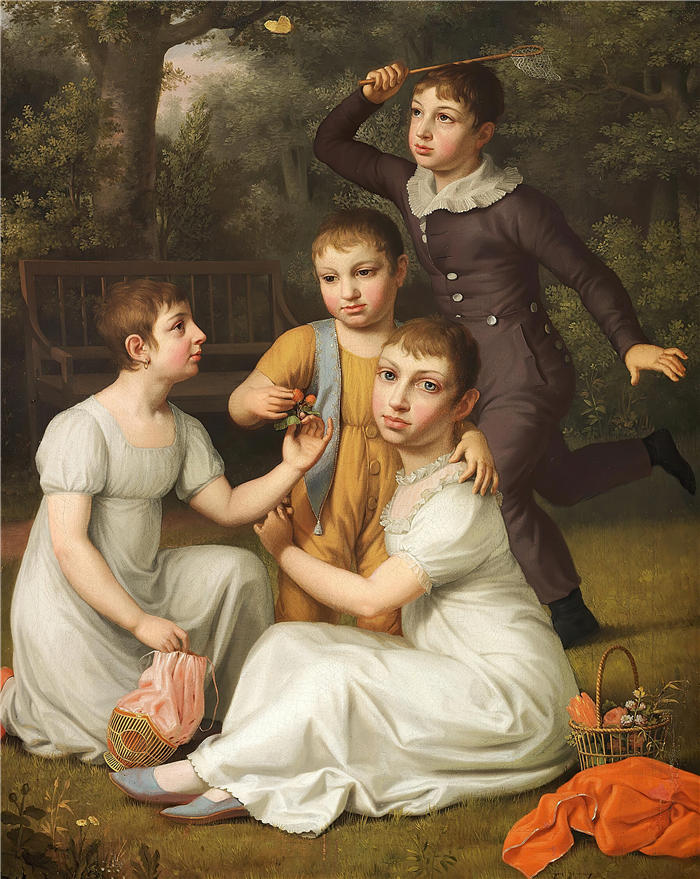 克里斯托弗·威廉·埃克斯伯格（Christoffer Wilhelm Eckersberg，丹麦画家）高清作品-张伯伦的肖像，西印度群岛的种植园主和副州长瑟伯·特克的四个孩子，画于Hummelofte