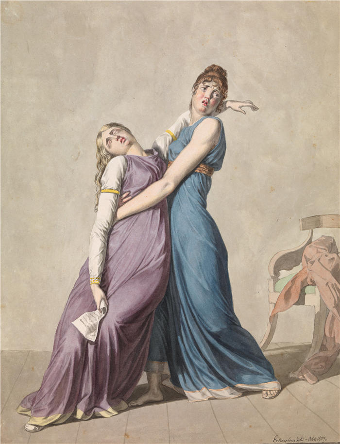 克里斯托弗·威廉·埃克斯伯格（Christoffer Wilhelm Eckersberg，丹麦画家）高清作品-一个女人在支持另一个女人，她在读一封信时昏倒了（1807 年）