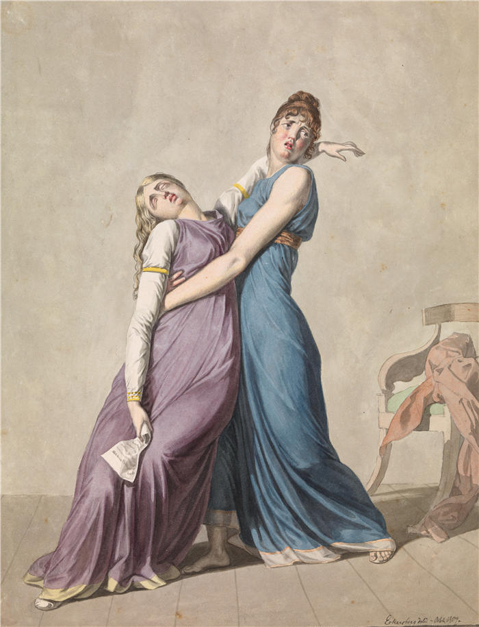 克里斯托弗·威廉·埃克斯伯格(Christoffer Wilhelm Eckersberg,丹麦画家)高清作品-一个女人在支持另一个女人,她在读一封信时昏倒了(1807 年)