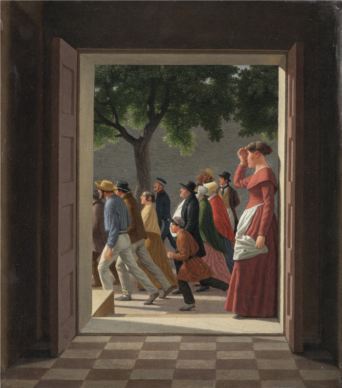 克里斯托弗·威廉·埃克斯伯格（Christoffer Wilhelm Eckersberg，丹麦画家）高清作品-透过门看跑步人物 (1844 – 1845)