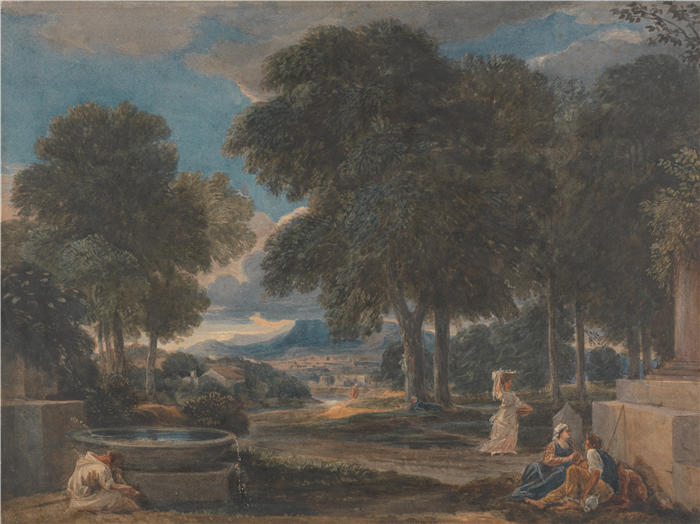 大卫·考克斯(David Cox,英国画家)高清作品-《在普桑之后,一个男人在喷泉里洗脚的风景(大约 1821 年)》