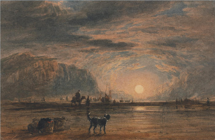 大卫·考克斯（David Cox，英国画家）高清作品-《海滩场景，日出（约 1820 年）》