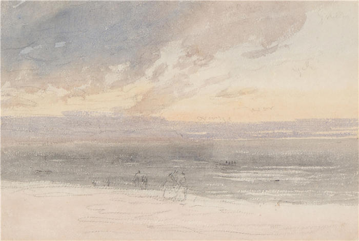 大卫·考克斯（David Cox，英国画家）高清作品-《岸边的日落（1783-1859）》