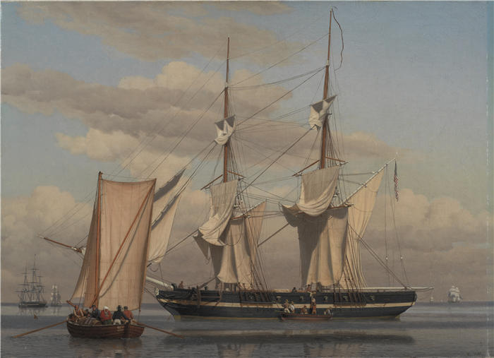 克里斯托弗·威廉·埃克斯伯格（Christoffer Wilhelm Eckersberg，丹麦画家）高清作品-一艘美国海军双桅船躺在锚边，而她的帆正在干燥（1831 – 1832 年）