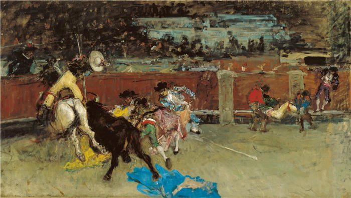 马里亚诺·福图尼·马萨尔（Mariano Fortuny Marsal，西班牙画家）高清作品-《斗牛，受伤的皮卡多尔（1867）》