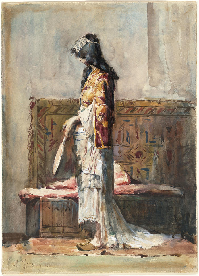 马里亚诺·福图尼·马萨尔（Mariano Fortuny Marsal，西班牙画家）高清作品-《身着传统服饰的摩洛哥女人（1866 年）》