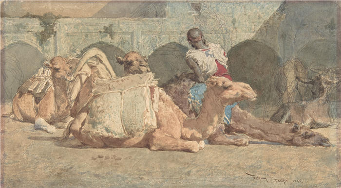 马里亚诺·福图尼·马萨尔（Mariano Fortuny Marsal，西班牙画家）高清作品-《骆驼休息，丹吉尔 (1838–74)》
