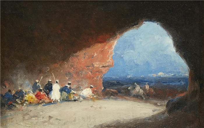 马里亚诺·福图尼·马萨尔（Mariano Fortuny Marsal，西班牙画家）高清作品-《海边洞穴中的阿拉伯人》