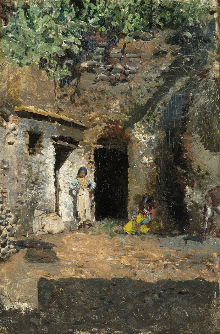 马里亚诺·福图尼·马萨尔（Mariano Fortuny Marsal，西班牙画家）高清作品-《吉普赛洞穴，格拉纳达（约 1871 年）》