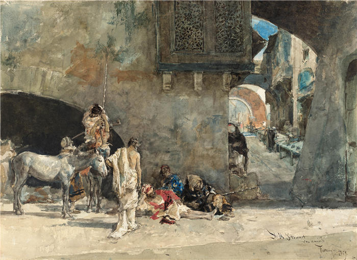 马里亚诺·福图尼·马萨尔（Mariano Fortuny Marsal，西班牙画家）高清作品-《丹吉尔的一条街（1860 年或 1862 年）》