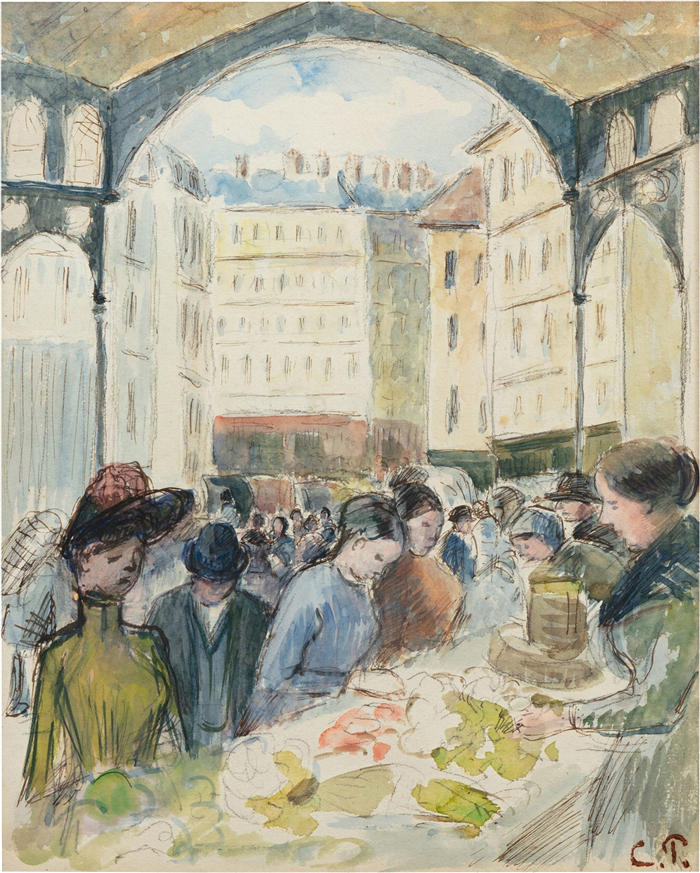 卡米尔·毕沙罗（Camille Pissarro，法国画家）高清作品-《中央大厅；蔬菜市场》