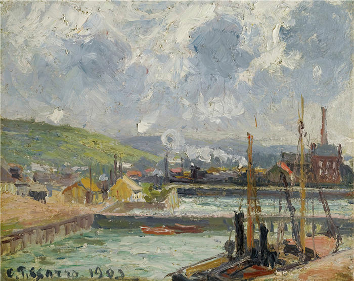 卡米尔·毕沙罗(Camille Pissarro,法国画家)高清作品-《钓鱼镖和杜克斯内盆地,迪耶普,明亮的灰色天气(1902年)》