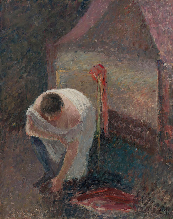 卡米尔·毕沙罗(Camille Pissarro,法国画家)高清作品-《床边穿衬衫的女人(Circa 1896)》
