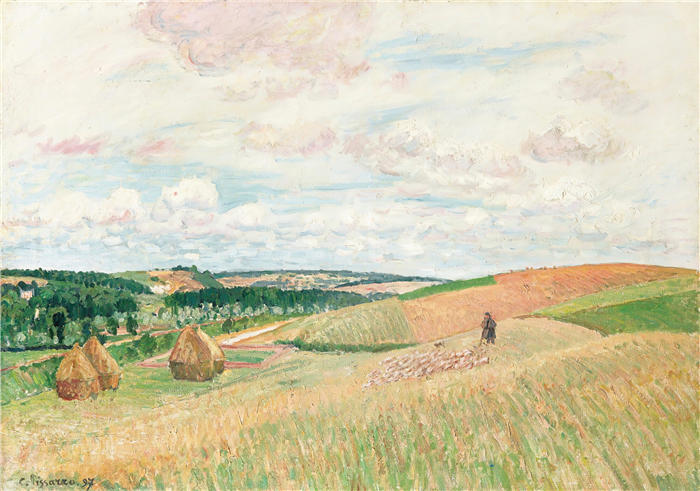 卡米尔·毕沙罗(Camille Pissarro,法国画家)高清作品-《蒂尔斯维尔山坡,磨石,牧羊人和羊群(1897年)》