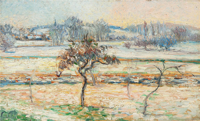 卡米尔·毕沙罗（Camille Pissarro，法国画家）高清作品-《巴辛科特村景色，下雪》