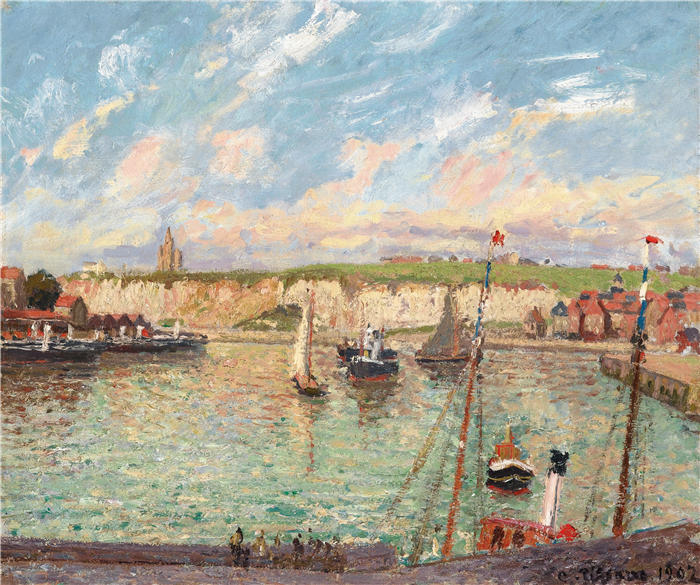 卡米尔·毕沙罗（Camille Pissarro，法国画家）高清作品-《迪耶普港，下午，天气晴朗（1902年）》
