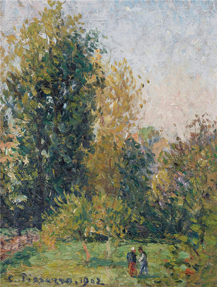 卡米尔·毕沙罗（Camille Pissarro，法国画家）高清作品-《两个人物的风景画，埃拉尼，秋天（1902年）》