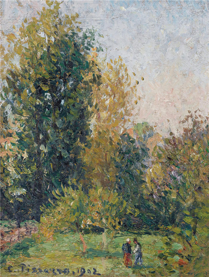 卡米尔·毕沙罗(Camille Pissarro,法国画家)高清作品-《两个人物的风景画,埃拉尼,秋天(1902年)》