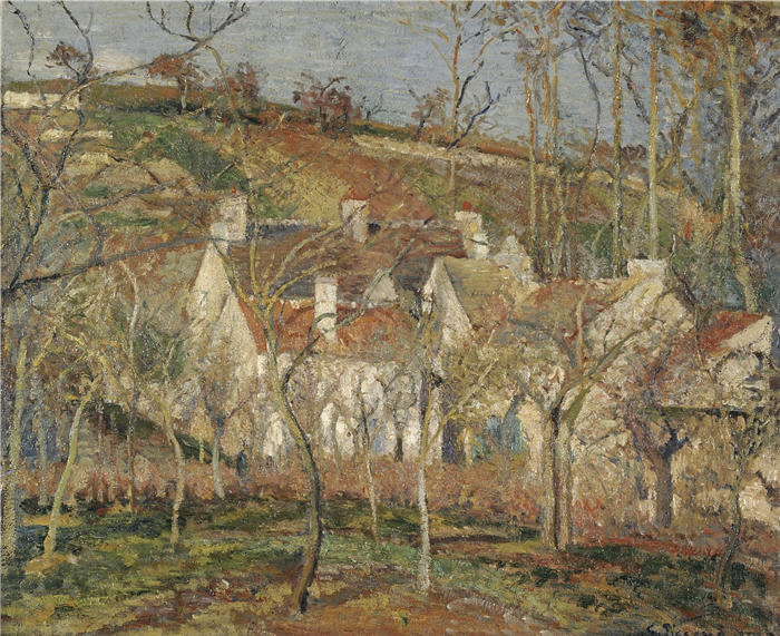 卡米尔·毕沙罗(Camille Pissarro,法国画家)高清作品-《红色屋顶,村庄的一角,冬天》
