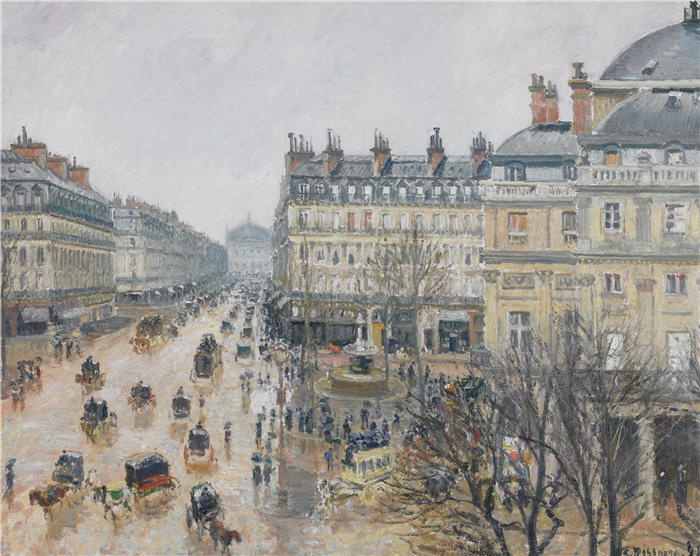 卡米尔·毕沙罗（Camille Pissarro，法国画家）高清作品-《巴黎法国剧院广场；雨 (1898)》