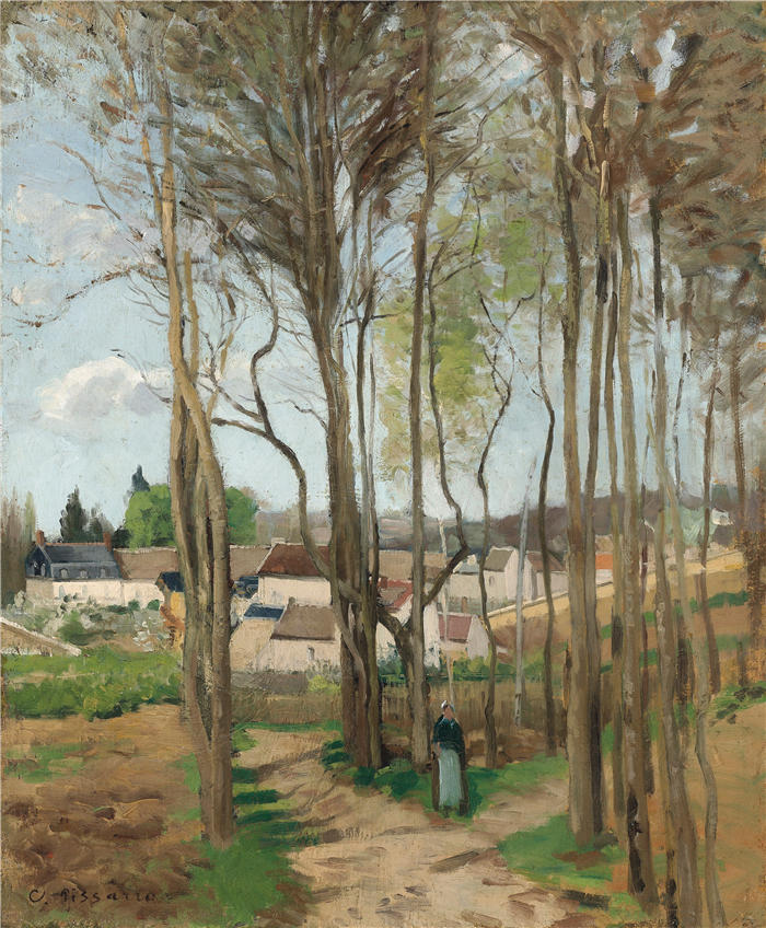 卡米尔·毕沙罗（Camille Pissarro，法国画家）高清作品-《穿过树木的村庄（Circa 1869）》
