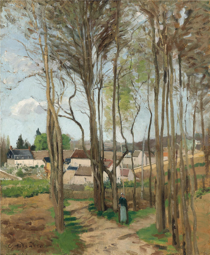 卡米尔·毕沙罗(Camille Pissarro,法国画家)高清作品-《穿过树木的村庄(Circa 1869)》