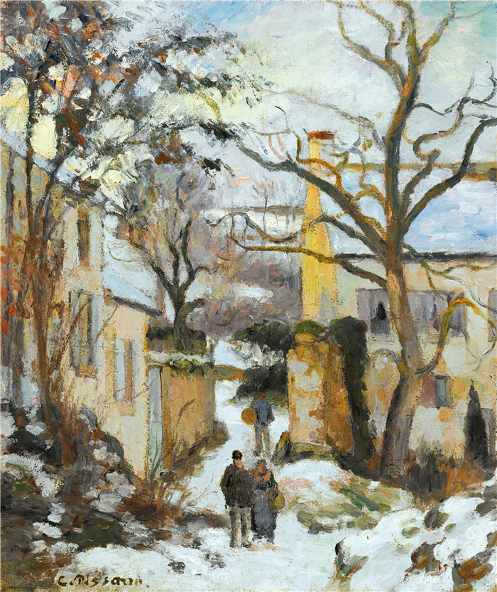 卡米尔·毕沙罗（Camille Pissarro，法国画家）高清作品-《房子在雪下打鼾，在雪下打鼾（约1875年）》