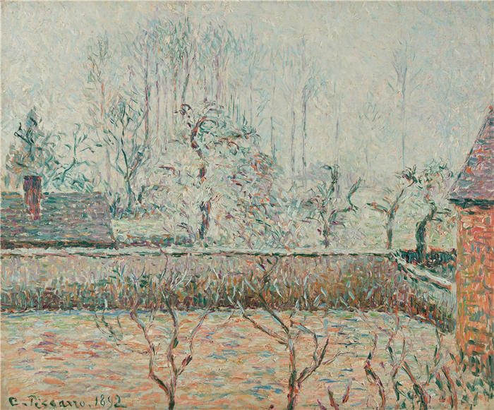 卡米尔·毕沙罗（Camille Pissarro，法国画家）高清作品-《有房子和围墙的景观，霜雾，埃拉尼（1892）》