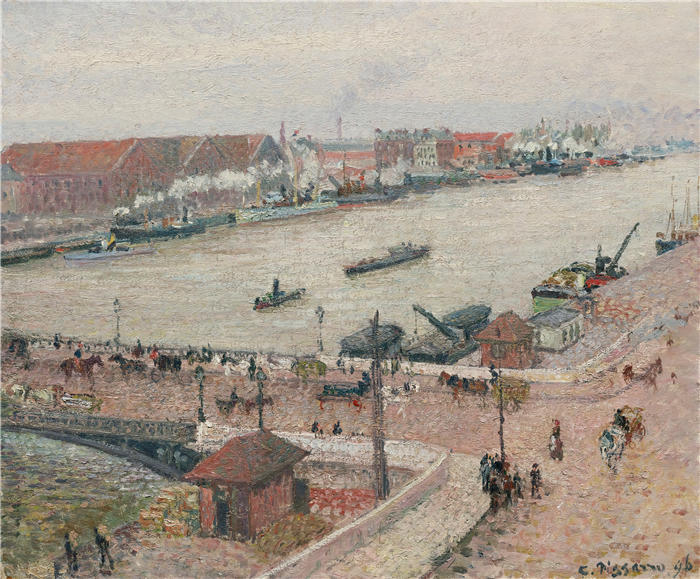 卡米尔·毕沙罗（Camille Pissarro，法国画家）高清作品-《鲁昂Boieldieu桥塞纳河洪水（1896年）》