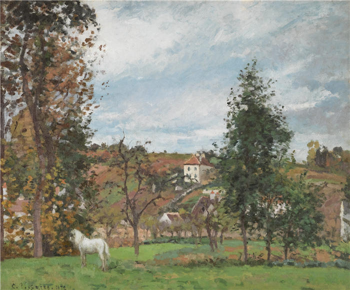 卡米尔·毕沙罗(Camille Pissarro,法国画家)高清作品-《庞托伊斯Hermitage牧场上的白马景观(1872年)》