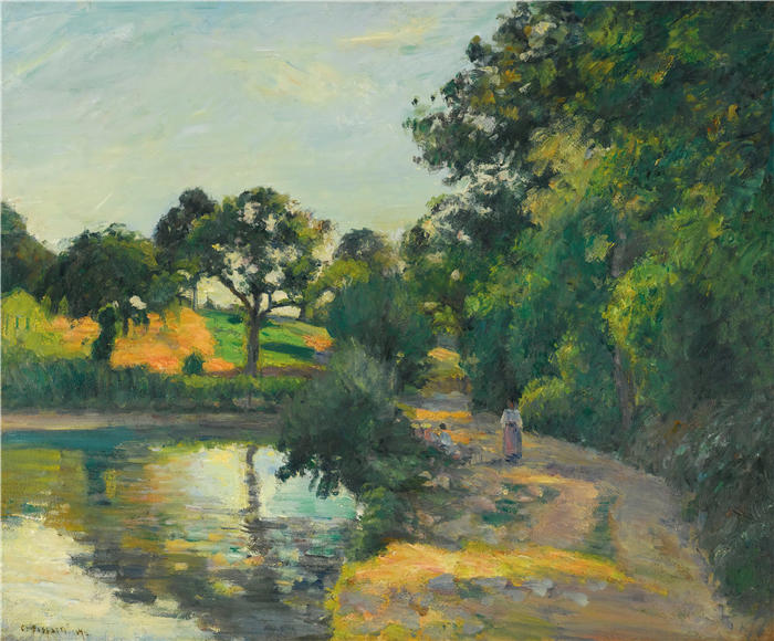 卡米尔·毕沙罗（Camille Pissarro，法国画家）高清作品-《夕阳下的池塘，蒙特福柯（1874）》