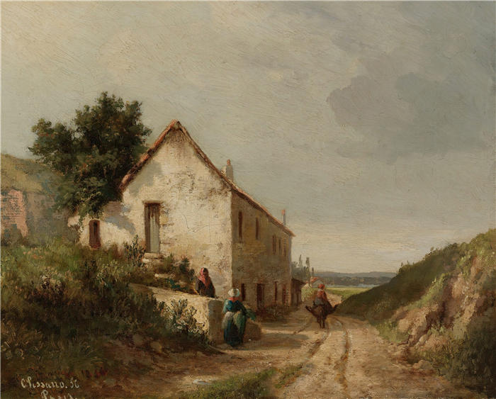 卡米尔·毕沙罗（Camille Pissarro，法国画家）高清作品-《乡村公路旁的房子（1856年）》